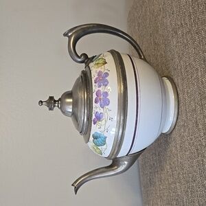 Pewter Trimmed Graniteware Teapot with Floral Pattern - Vintage